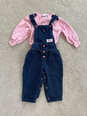 Vintage 90’s Baby Cute Girls Pink & Denim Snap Overalls Set Y2K sz 18 mo